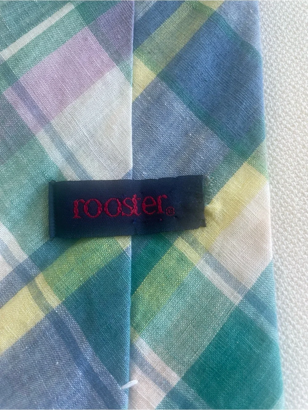 Rooster Madras Tie  Pastels Blue Pink White   Strawbridge & Clothier  Vintage